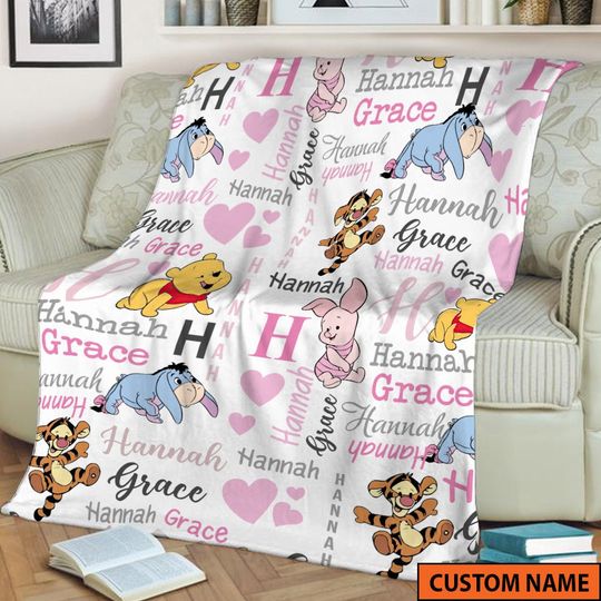 Personalized Name Winnie The Pooh Blanket, Disney Pooh And Friends Fleece Mink Sherpa