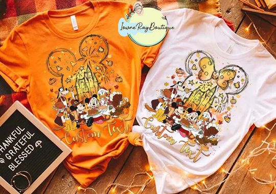 Discover Personalized Disney Thanksgiving Shirt, Mickey Minnie Ear Watercolor Castle Shirt