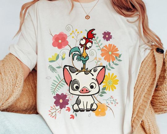 Discover Disney Moana 70s Style Floral Pua And Hei Hei Shirt