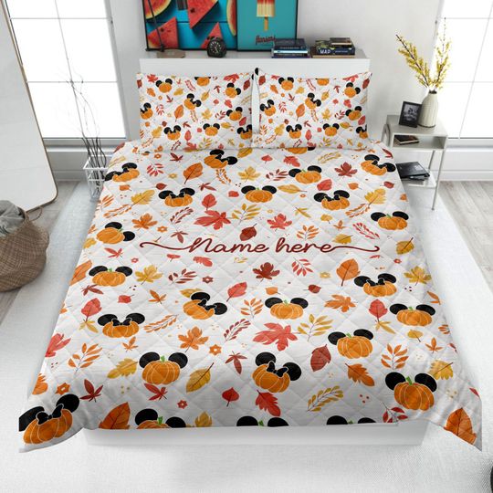 Personalized Fall Mickey Quilt Bedding Set, Disney Autumn Quilt Blanket & Pillowcases,  Mickey Quilt Set