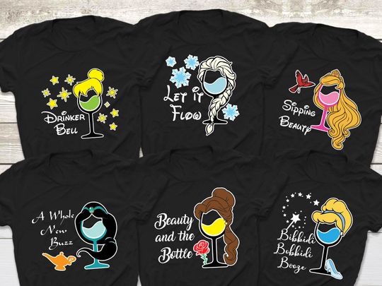 Disney Princess Wine Glasses Shirts, Disneyworld shirts, Disneyland Shirts, Disney Character Shirts