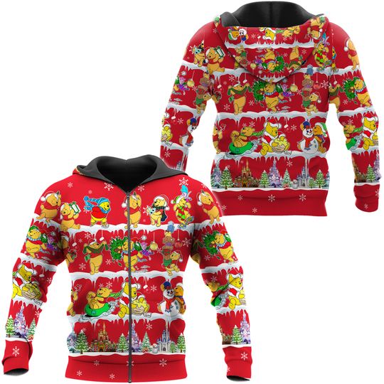 Winne The Pooh Red Christmas Disney 3D Zip Hoodie