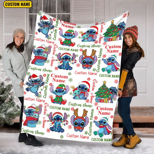 Personalized Name Christmas Stitch Blanket, Santa Stitch Blanket, Disney Blanket