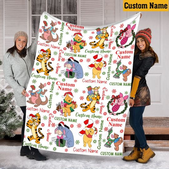 Personalized Name Christmas Winnie The Pooh Blanket, Disney Blanket