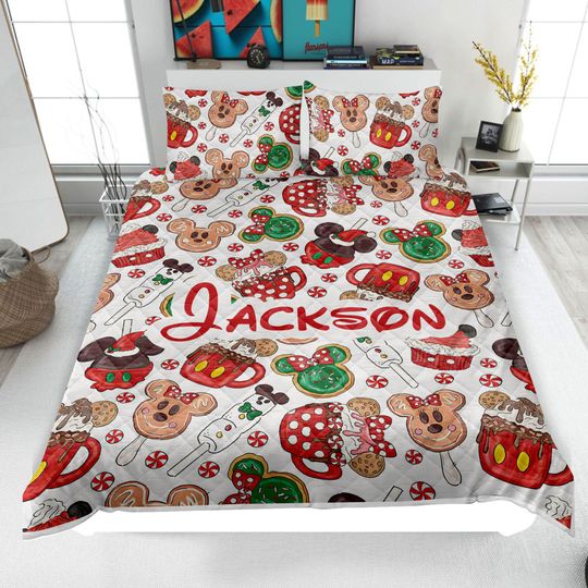 Personalized Christmas Mickey Quilt Bedding Set, Custom Disney Christmas Snack