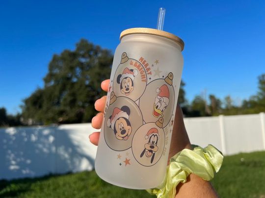 Cute Beige Disney inspired Christmas Ornaments 16 Oz Frosted Glass Cup, Aesthetic Glass Cups