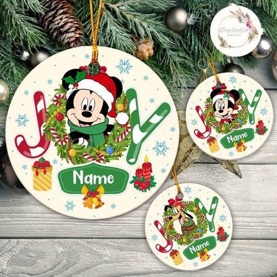 Personalized All Characters Joy Disney Christmas Ornament, Mickey and Friends Christmas Wreath
