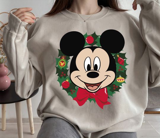 Disney Mickey Mouse Christmas Wreath Portrait Shirt, Mickey and Friends Disneyland Family Christmas Sweatshirt