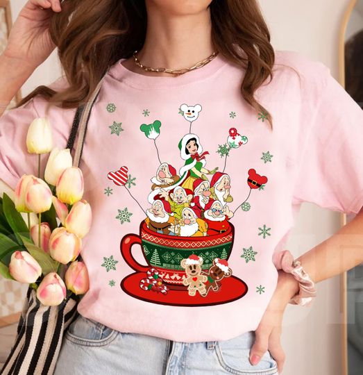 Discover Disney Snow White and Seven Dwarfs Christmas Coffee Cup Balloon Matching Santa Costume Shirt, Disneyland Christmas Holiday Vacation Trip
