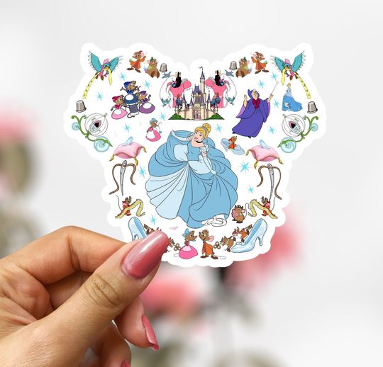Cinde Mickey Mouse Ears Sticker, Fairy Godmother, Jaq and Gus Mice, Disney Princess Sticker Decal