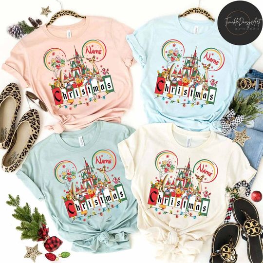 Personalized Winnie The Pooh Disney Christmas Castle Shirt, Disney Family Christmas Lights