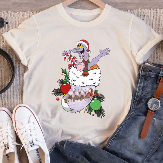 Santa Figment Dragon In Christmas Sock T-shirt, Purple Dragon Epcot Disneyland