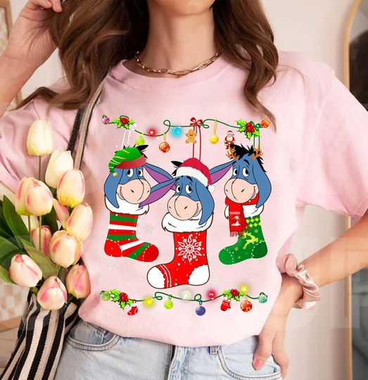 Disney Winnie The Pooh Eeyore Christmas Sock T-shirt, Santa Eeyore Christmas Lights Tee