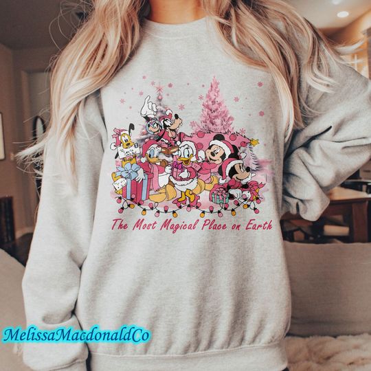 Mickey And Friend Christmas Light Pink Sweatshirts, The Most Magical Place On Earth Shirt, Disney Family Christmas Shirt, Disney Xmas Tee