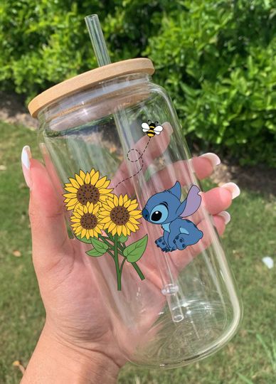 Stitch Sunflower Coffee Cup - 16 oz Clear/Frosted Glass Tumbler - Disney Inspired Can