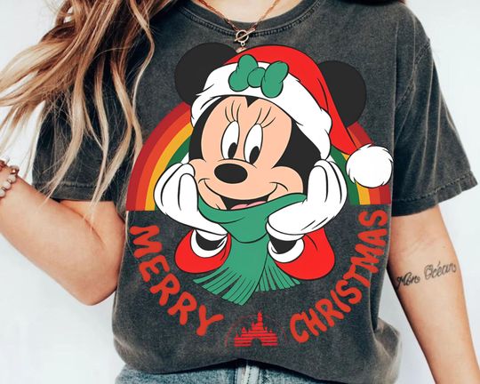 Retro Minnie Mouse Merry Christmas Sweatshirt | Disney Christmas Girl Outfit T-shirt | Disneyland Xmas Holiday Trip Tee | Disney Xmas