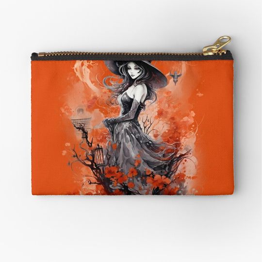 A disney witch with black hat and rose flower in the style of halloween Zipper Pouch