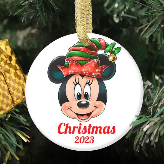 Minnie Elf Disney Christmas Ornament - Ceramic Round Decoration for the Holiday Season