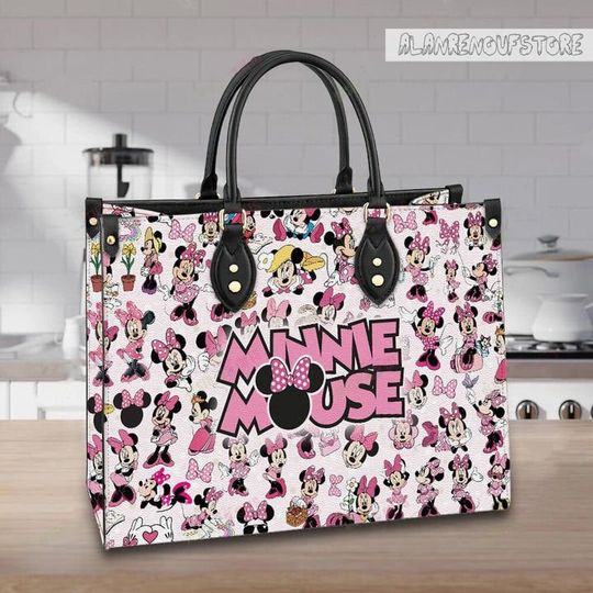 Pink Mini Mouse Leather Handbag, Disney Mouse Print Women Bag