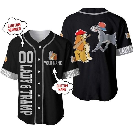 Lady And The Tramp Dogs Gray Black, Disney Cartoon Custom Baseball Jersey