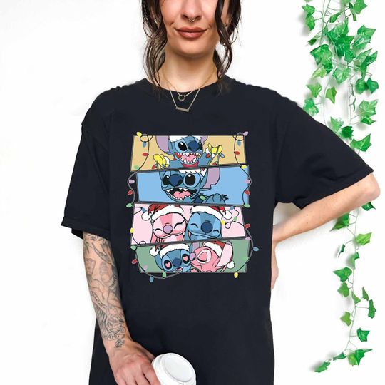 Disney Santa Stitch and Angel Christmas Lights Portrait Shirt, Lillo and Stitch T Shirt