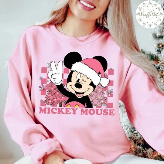 Funny Pink Mickey and Friends Checkered Disney Christmas Sweatshirt