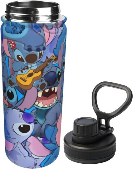 Disney Funny Stitch Stainless Steel Water Bottles Sports Lid