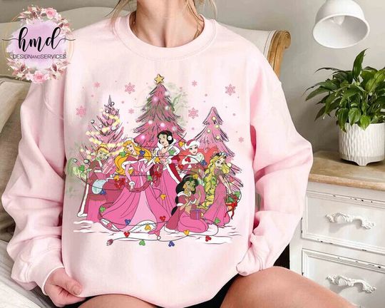 Discover Cute Disney Princess Characters Group Pink Christmas Light Sweatshirt