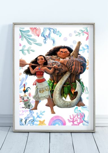 Moana Maui Hei Hei and Pua Disney Movie Watercolor Premium Matte Vertical Poster