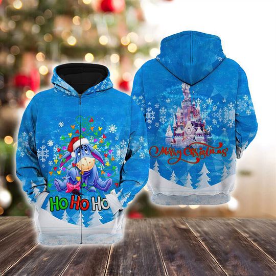 Winnie The Pooh Eeyore Merry Christmas Disney Hoodie, 3D Zip Hoodie