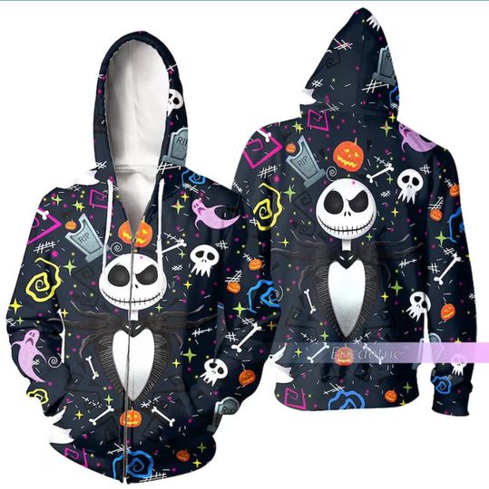 Jack Skellington Disney Hoodie, Zip 3D Hoodie
