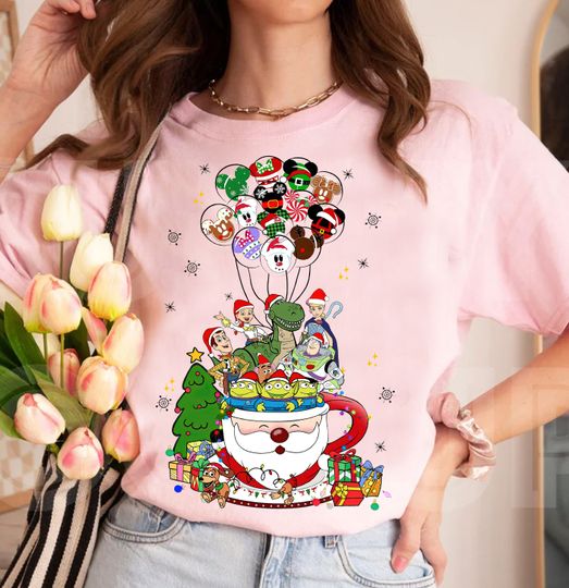 Discover Disney Christmas Coffee Cup Toy Story Mickey Balloon Santa Shirt