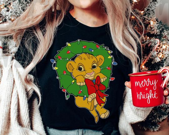 Retro Simba Christmas Wreath Shirt, The Lion King Disney Christmas Light T-shirt