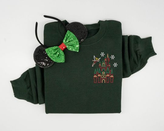 Christmas Castle embroidered Crewneck, Disney Castle embroidered sweatshirt, Tinker Bell shirt, Disney Christmas