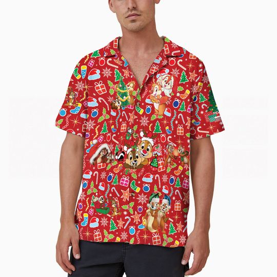 Chip And Dale Christmas Button Up Shirt Red Hawaiian Shirt, Chipmunk Disney Couple