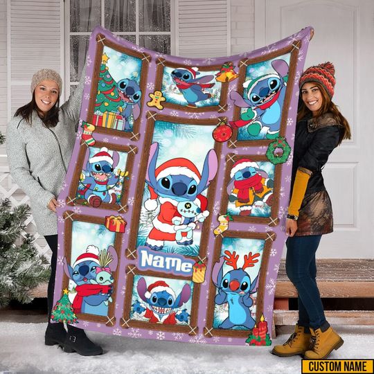 Personalized Name Disney Stitch Blanket, Stitch And Angel Christmas