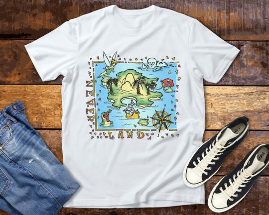Peter Pan Never Land Map Vintage Poster Disney T- Shirt