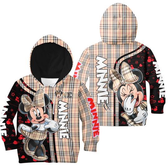 Minnie Mouse Plaid Stripe Black Brown Red | Disney 3D Hoodie