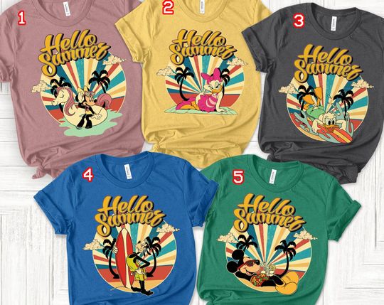 Vintage Hello Summer Disney Retro Mickey Friends Family Shirt