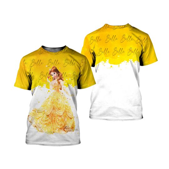Belle Princess Yellow Watercolor Glitter Disney 3D T-shirts