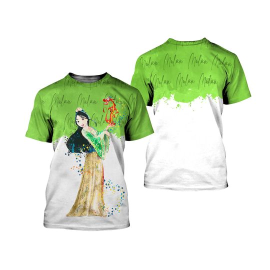 Mulan Green Watercolor Glitter Disney 3D T-shirts
