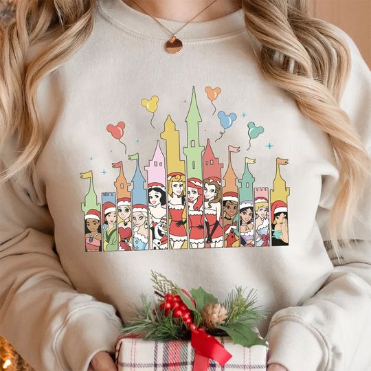 Vintage Disney Princesses Christmas Sweatshirt, Disney Castle Princess Sweatshirt