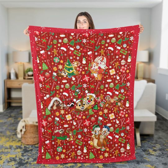 Disney Chip And Dale Throw Blanket, Red Christmas Chipmunk Fleece Blanket