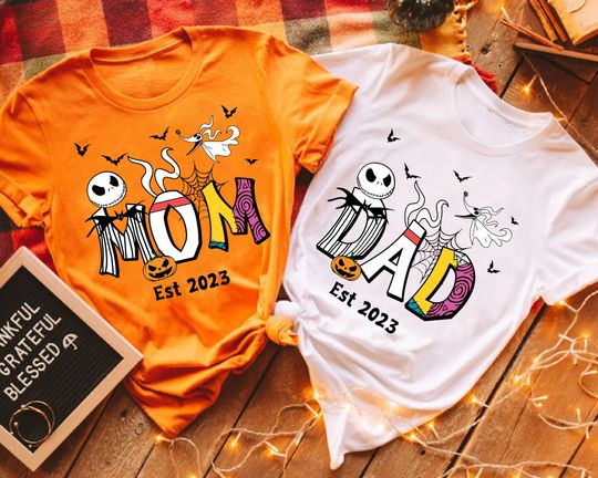 Nightmare Before Christmas Mom Dad Est Shirt, Disney Halloween Gift  Spooky Season Family Matching