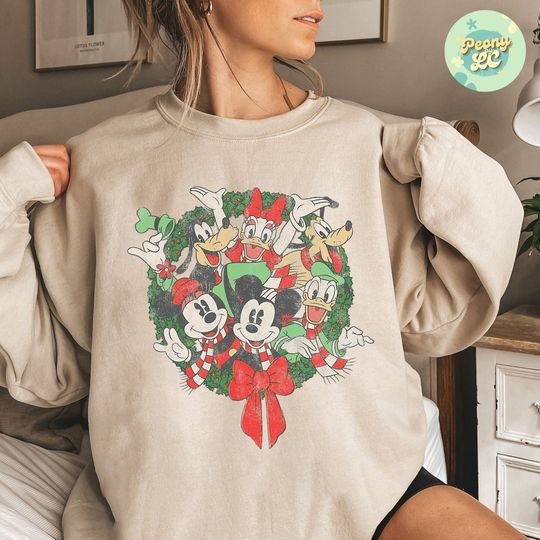 Vintage Disney Mickey and Friends Group Shot Christmas Wreath Retro Shirt
