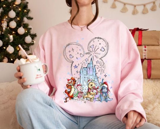 Vintage Disney Winnie The Pooh Christmas Sweatshirt, Pooh Eeyore Tigger Piglet Christmas Castle Sweatshirt