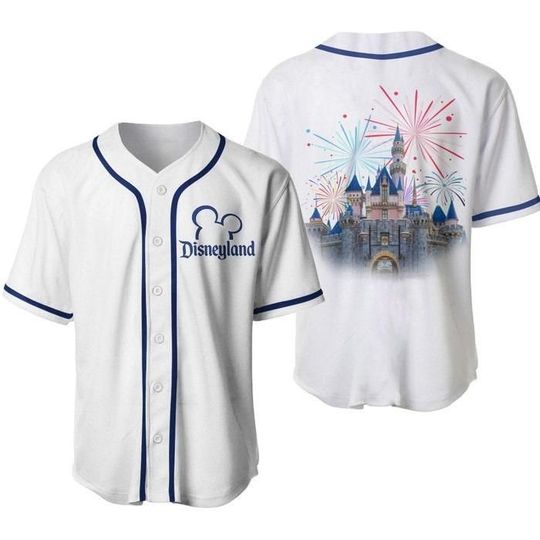 Disneyland Castle Fireworks White Navy Blue Baseball Jersey