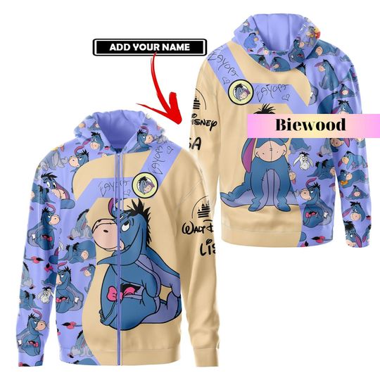 Christmas Eeyore Hoodie, Pooh Bear Hoodie, Disney Eeyore 3D Zip Hoodie