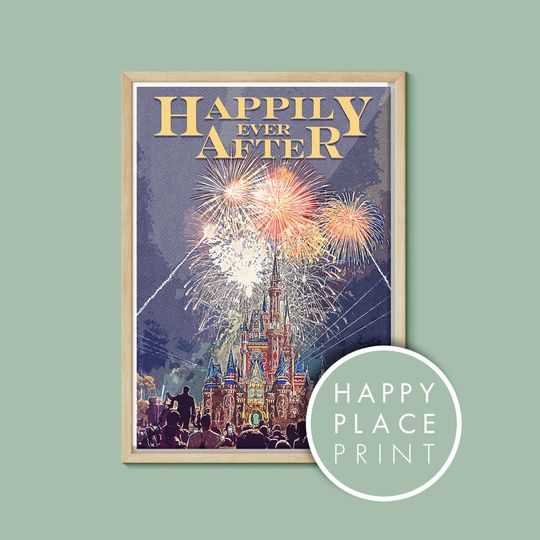 Happily Ever After Fireworks Retro Poster, Disney Poster