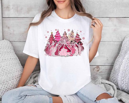 Discover Cute Disney Princess Characters Group Pink Christmas Shirt